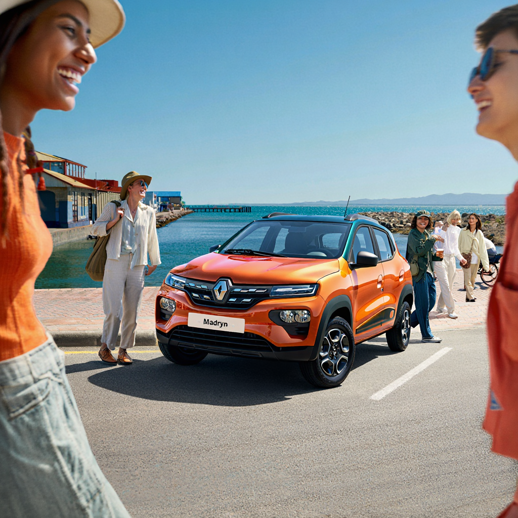 Turistas junto a un Renault Kwid de alquiler en Puerto Madryn, ofrecido por Diversidad Turismo Activo & de Naturaleza