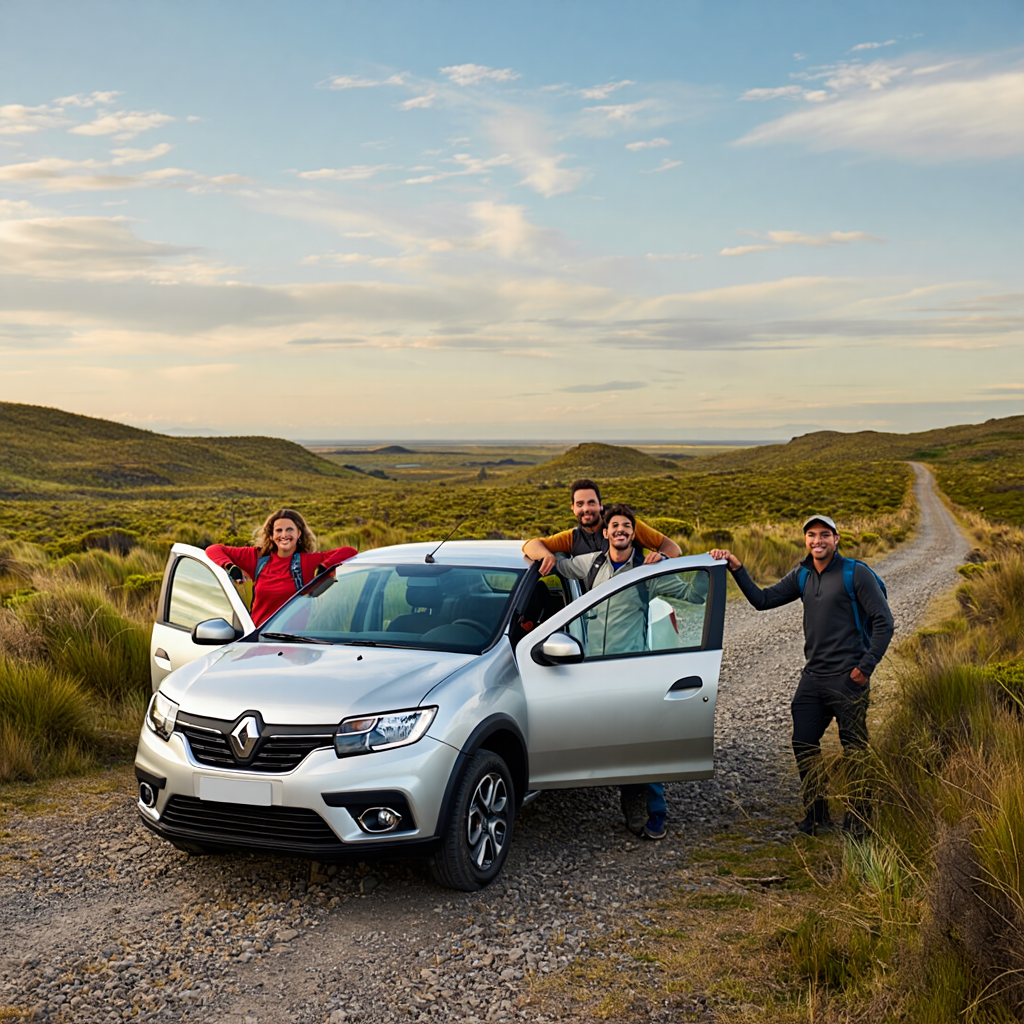 Grupo de turistas junto a un Renault Logan de alquiler en un camino de ripio en Argentina con Diversidad Turismo Activo & de Naturaleza