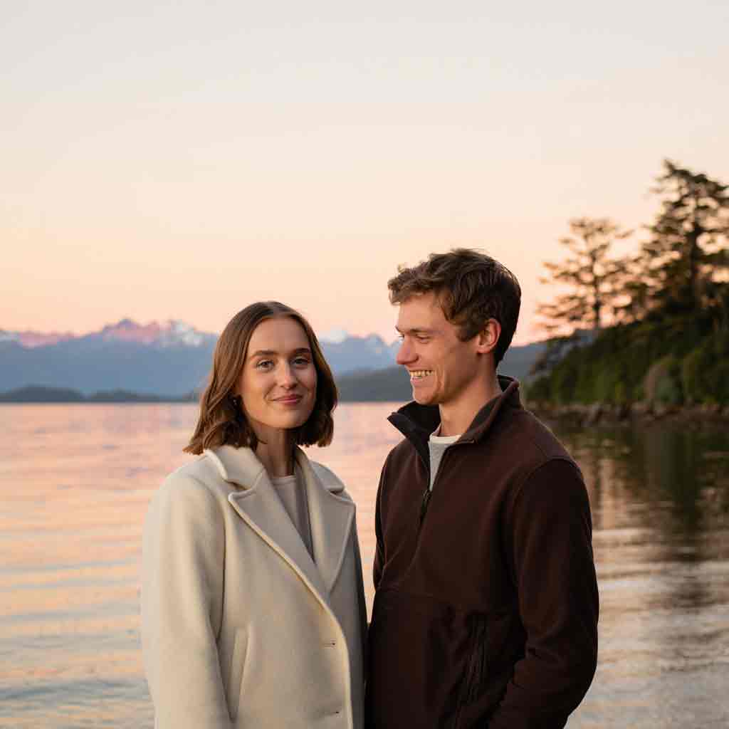 Pareja sonriente junto al lago al atardecer en Bariloche, clientes del Rent a Car de Diversidad. Turismo Activo & de Naturaleza.